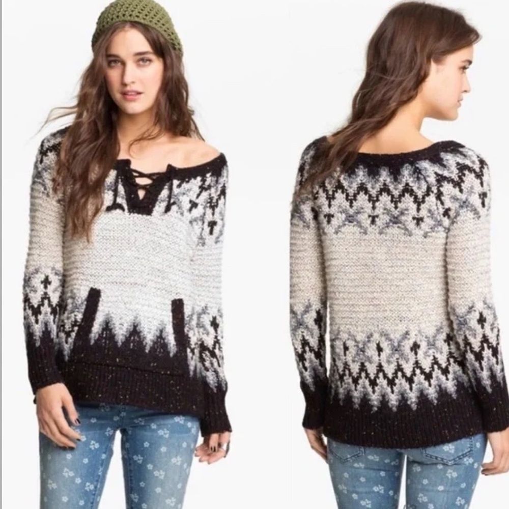 Free People Love Bug Lace Up Womens Size Small Nordic Fair‎ Isle Wool Bl Sweater